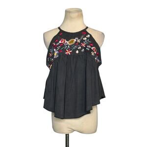 Shein charcoal Floral Embroidered Halter flowy top size Medium